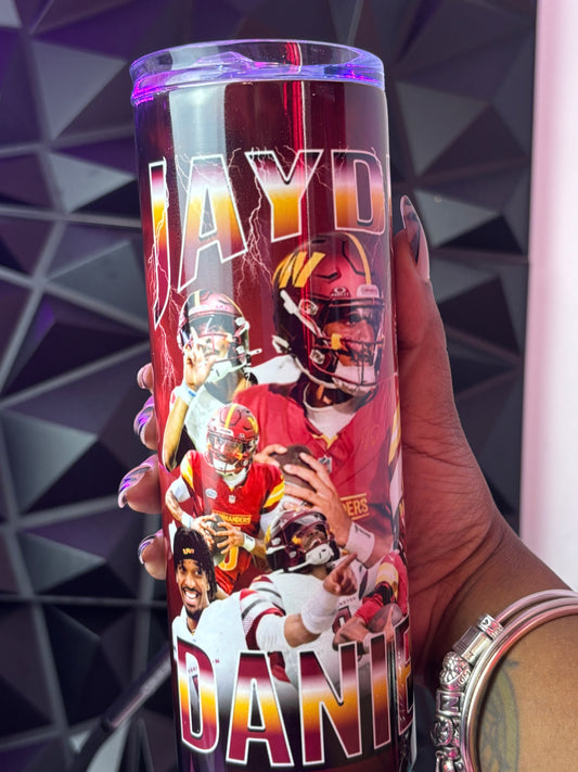 custom Jayden Daniels sports fan tumbler. 20oz stainless steel custom drinkware for football lovers. unique bold collegiate style and bootleg vintage designoz