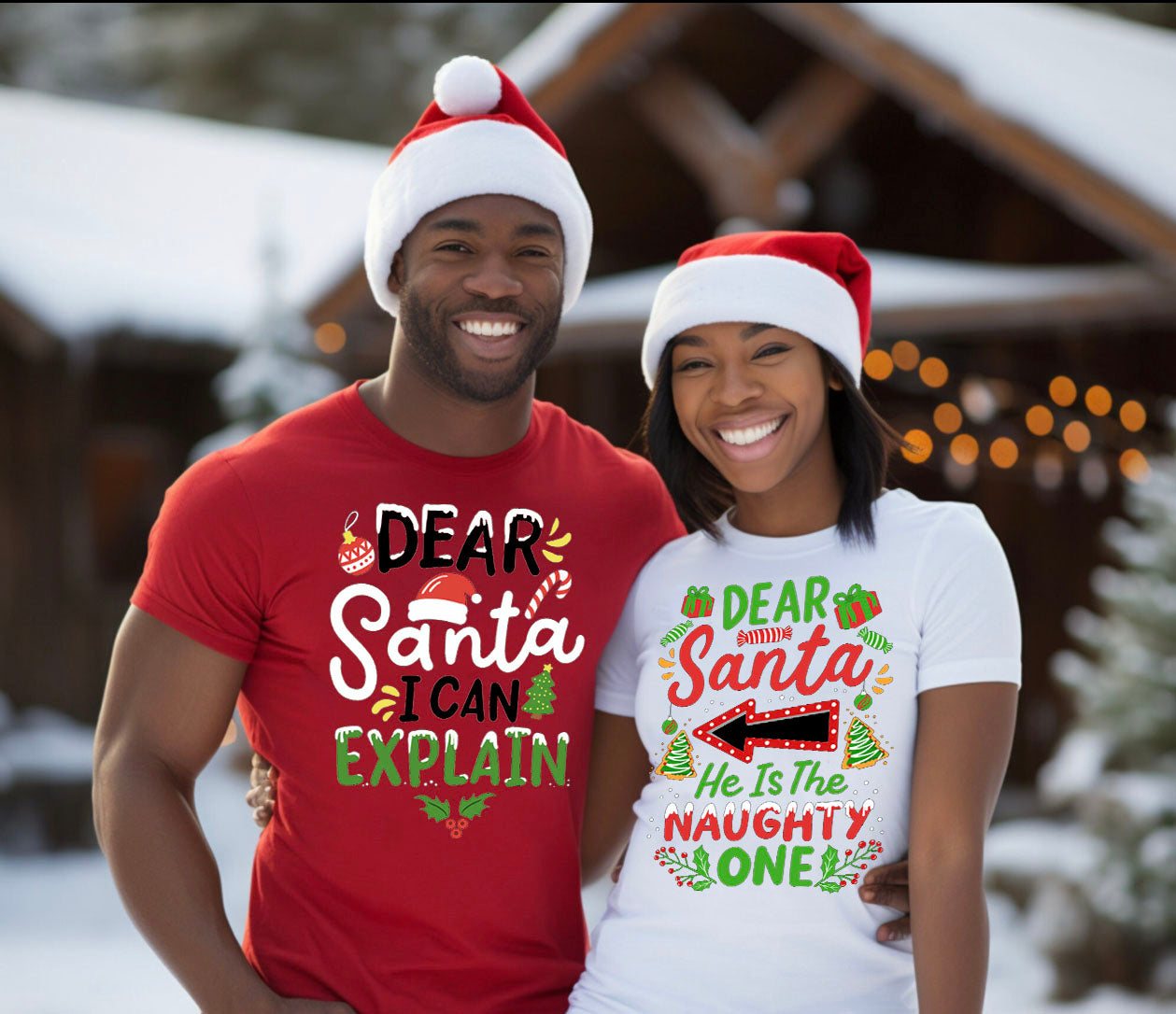 Dear Santa He’s the Naughty One Matching Couples Christmas Unisex T-Shirts