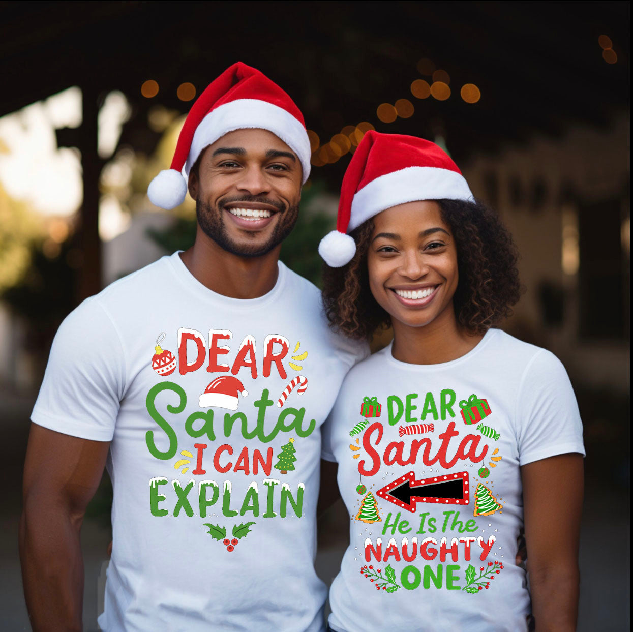 Dear Santa He’s the Naughty One Matching Couples Christmas Unisex T-Shirts