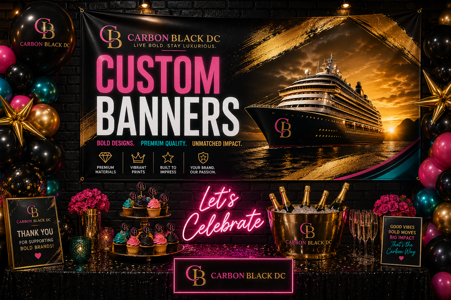 Custom Banner Printing (2ft+) | Personalized Sublimation Banners for Birthdays, Cruises & Events | Carbon Black DC