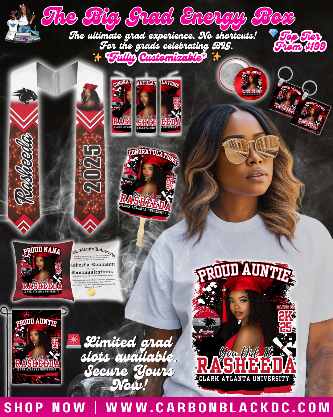 Ultimate graduation bundle with custom shirt, stole, grad fan, buttons, and personalized gifts for the Class of 2026